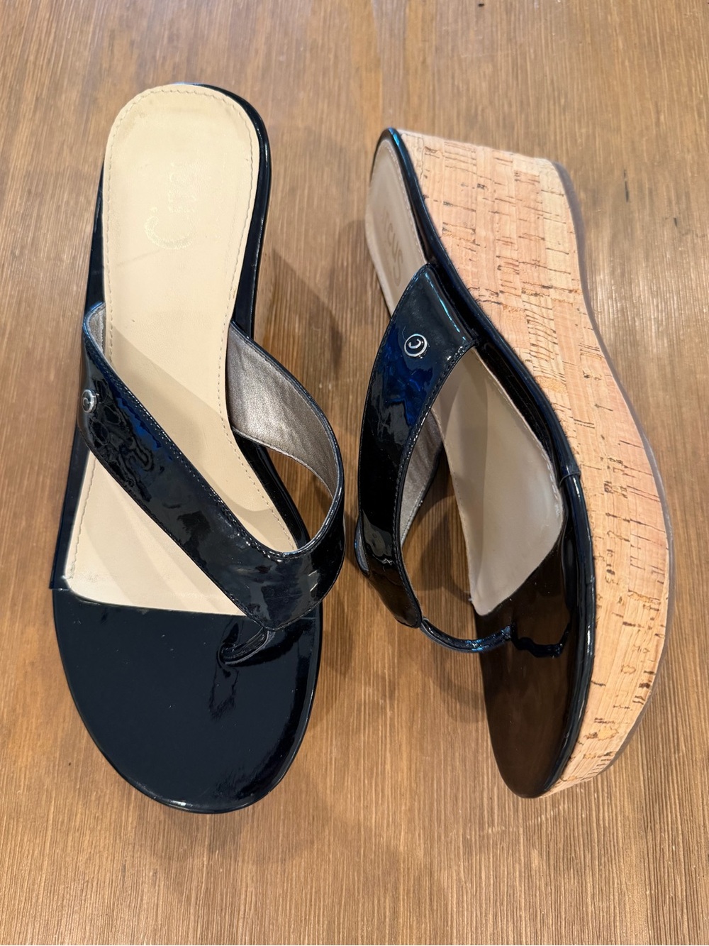Sam Edelman Black Patent Cork Wedge Thong Sandals